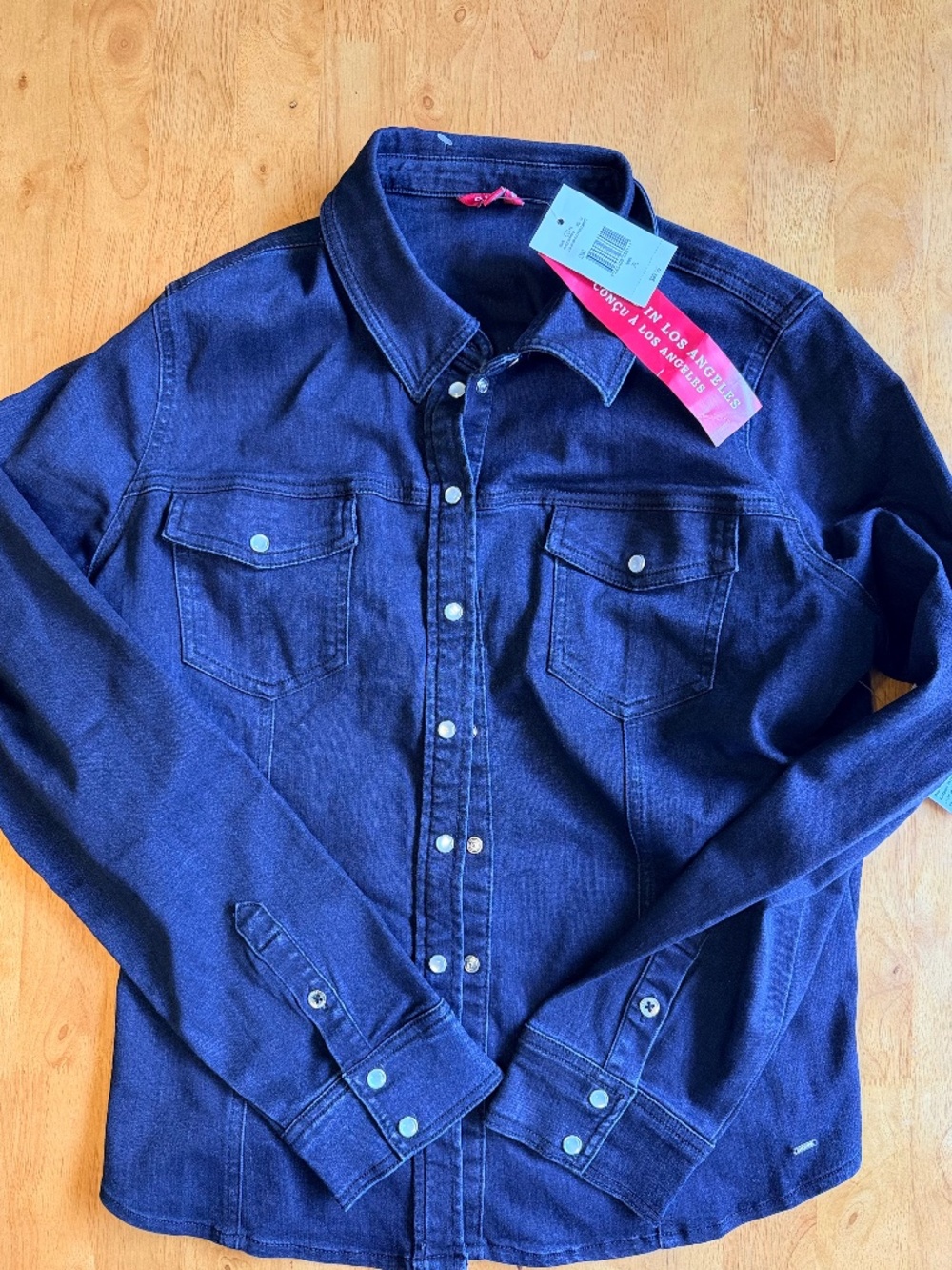 Guess Los Angeles Womens Slim Fit Denim Shirt Blue Snap Front XL 473
